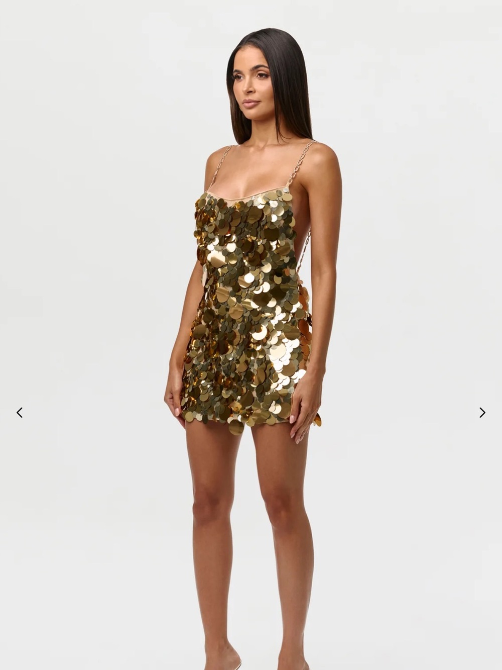 naked wardrobe Gold Sequined Mini Dress with Chain Straps
